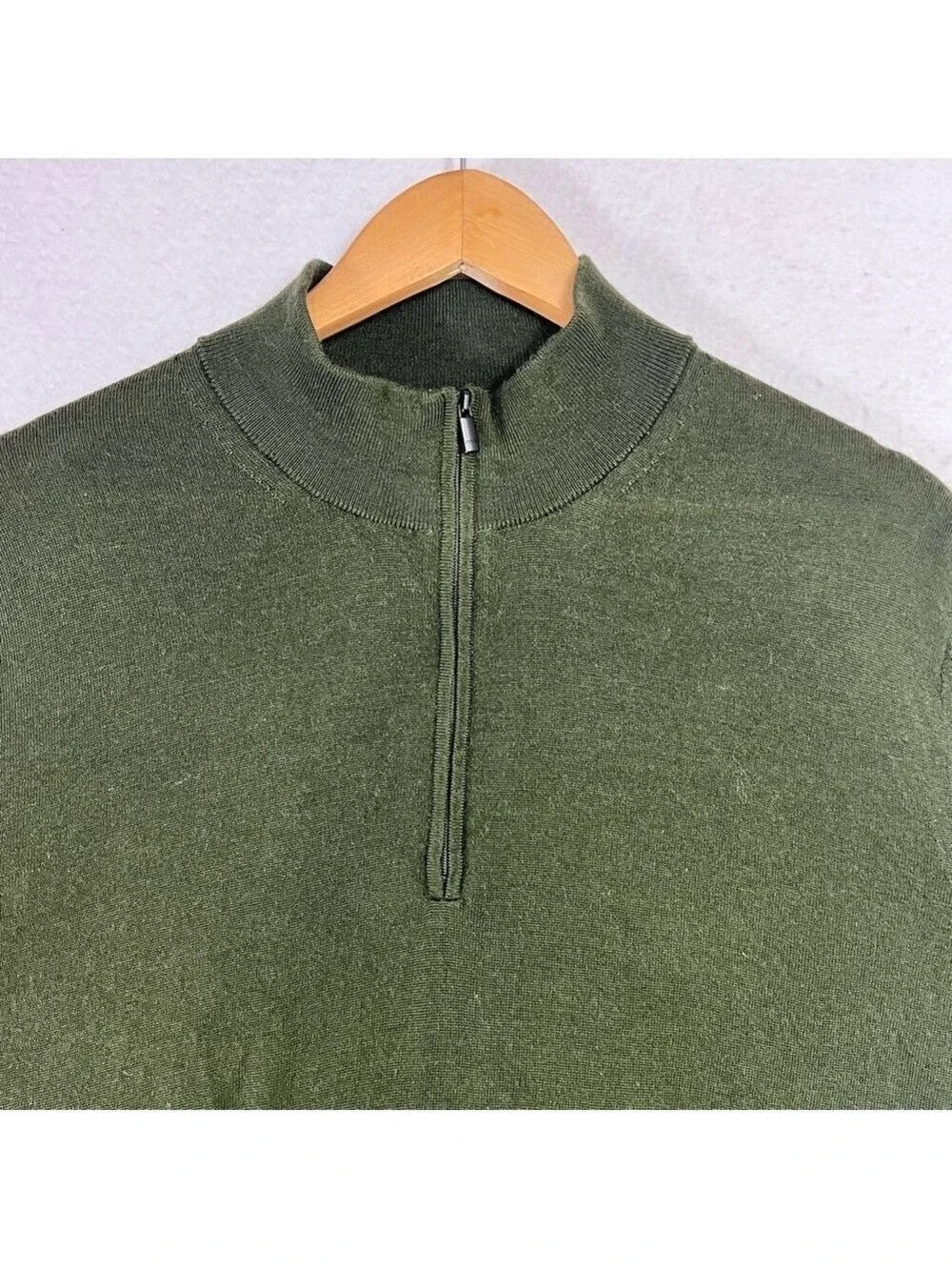 Mango MNG Men Merino Wool Sweater Green 1/4 Zip Size L Lightweight Preppy